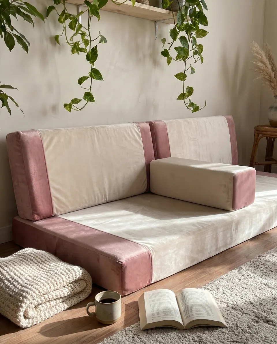 Dusty rose and cream velvet floor sofa below a shelf of trailing pothos, with knit blanket, mug and open book on the floor