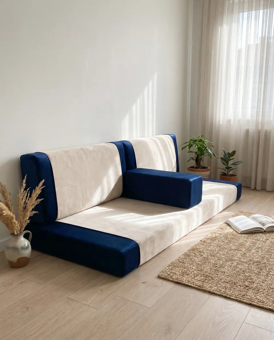 Cream velvet floor sofa with navy ends and an all-navy bolster, sun on the seat, pampas grass jug and an open book