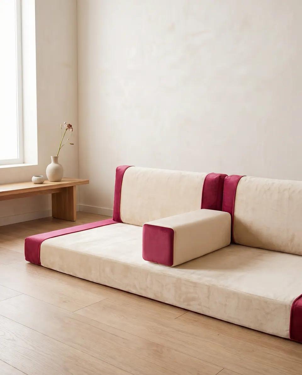 Cream velvet floor sofa with raspberry pink ends and bolster caps, beside a low oak bench holding a bud vase