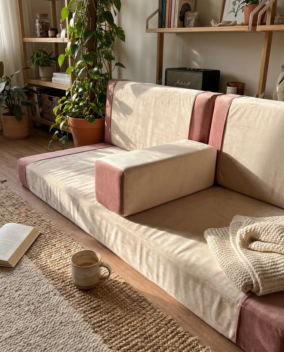 Low view of a cream velvet floor sofa with dusty rose ends, knit throw and coffee mug on a layered jute rug in warm sun