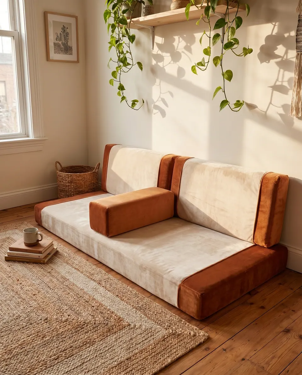 Cream velvet floor sofa with rust ends and an all-rust bolster on old pine floorboards, jute rug and wicker basket nearby