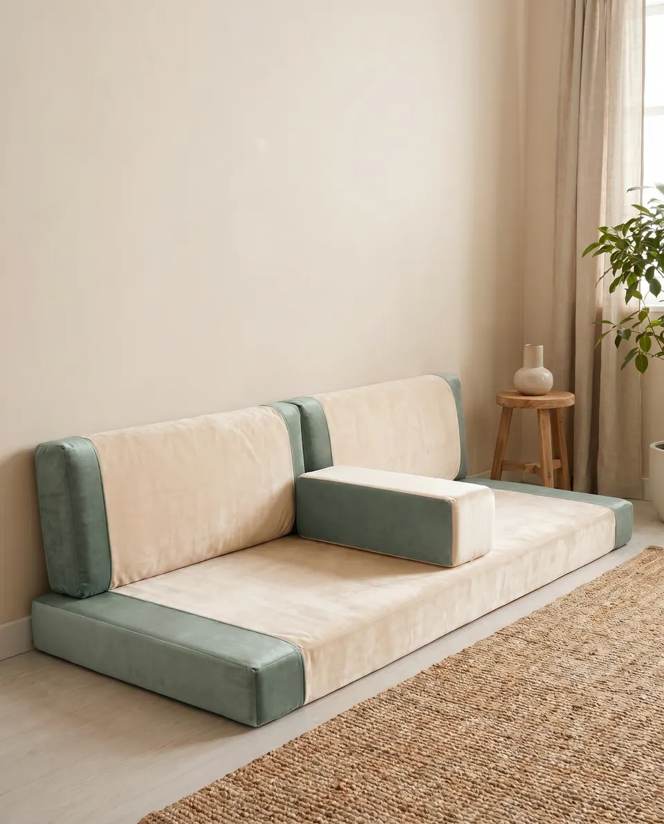 Sage green and cream velvet floor sofa with a sage-faced bolster, beside a wooden stool with a white vase and a jute rug
