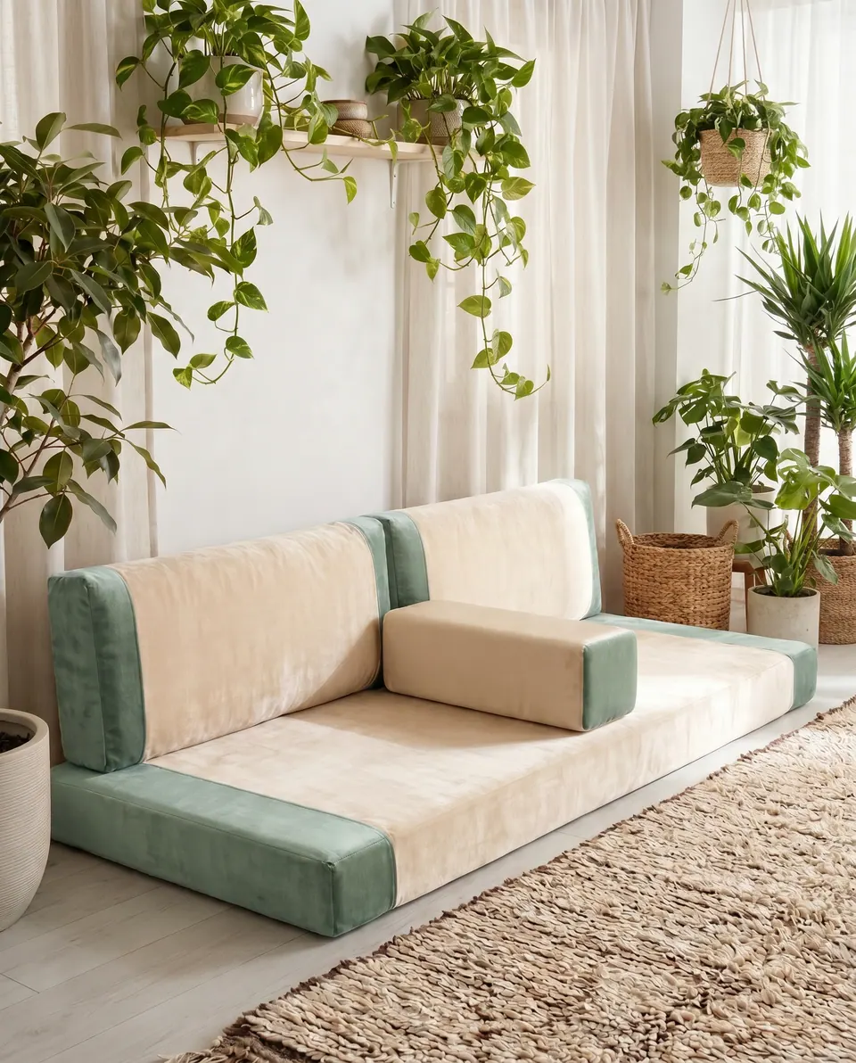 Sage green and cream velvet floor sofa under hanging planters and pothos, with wicker baskets, palms and a jute rug