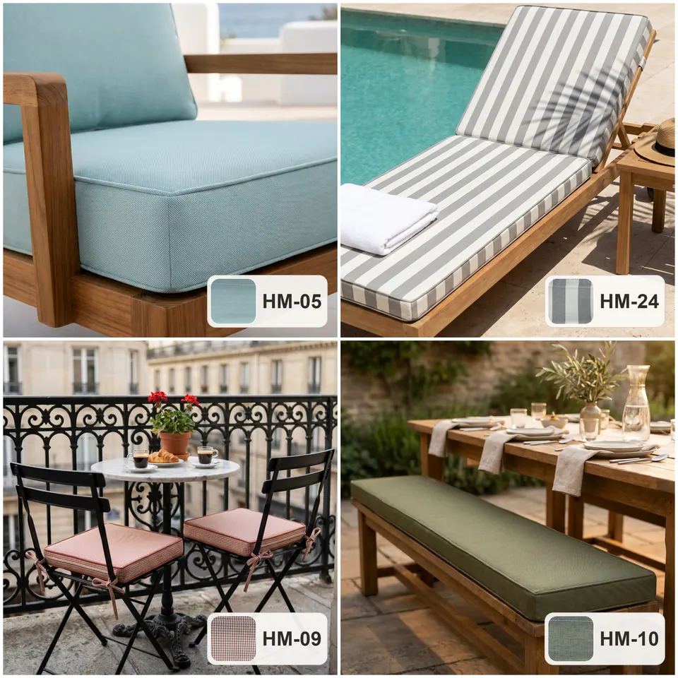 Outdoor grid: aqua armchair seat, gray striped poolside sunbed, blush bistro chair pads with ties, olive dining bench