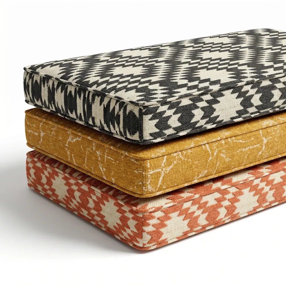 Three stacked outdoor box cushions in black and ivory kilim, saffron crackle and coral diamond weaves on a white background