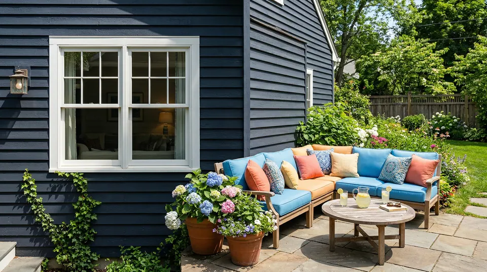 Sky blue box cushions on an L-shaped teak sofa with coral and mustard pillows on a flagstone patio by navy siding