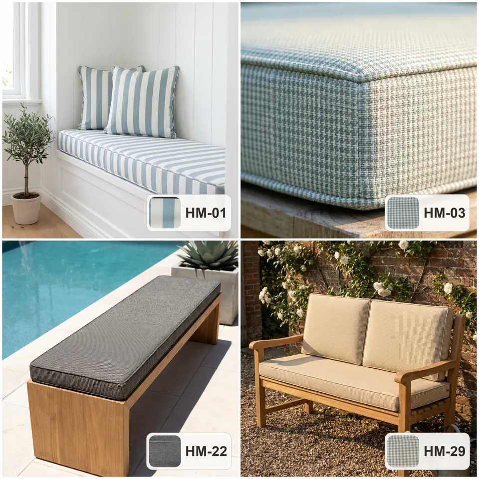 Grid of blue striped window seat, sage check close-up, charcoal pool bench and sand teak loveseat cushions