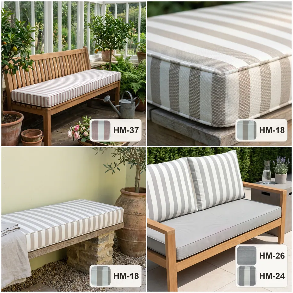 Grid of striped outdoor cushions: blush stripe on a teak conservatory bench, taupe stripe on stone, gray sofa set