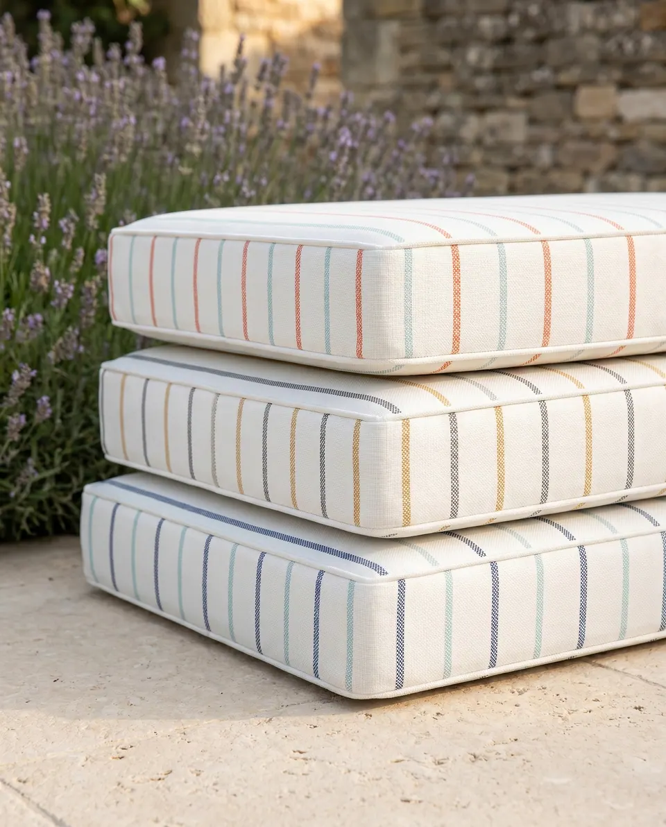 Three white outdoor box cushions with coral, navy and mustard pinstripes stacked on limestone paving next to lavender