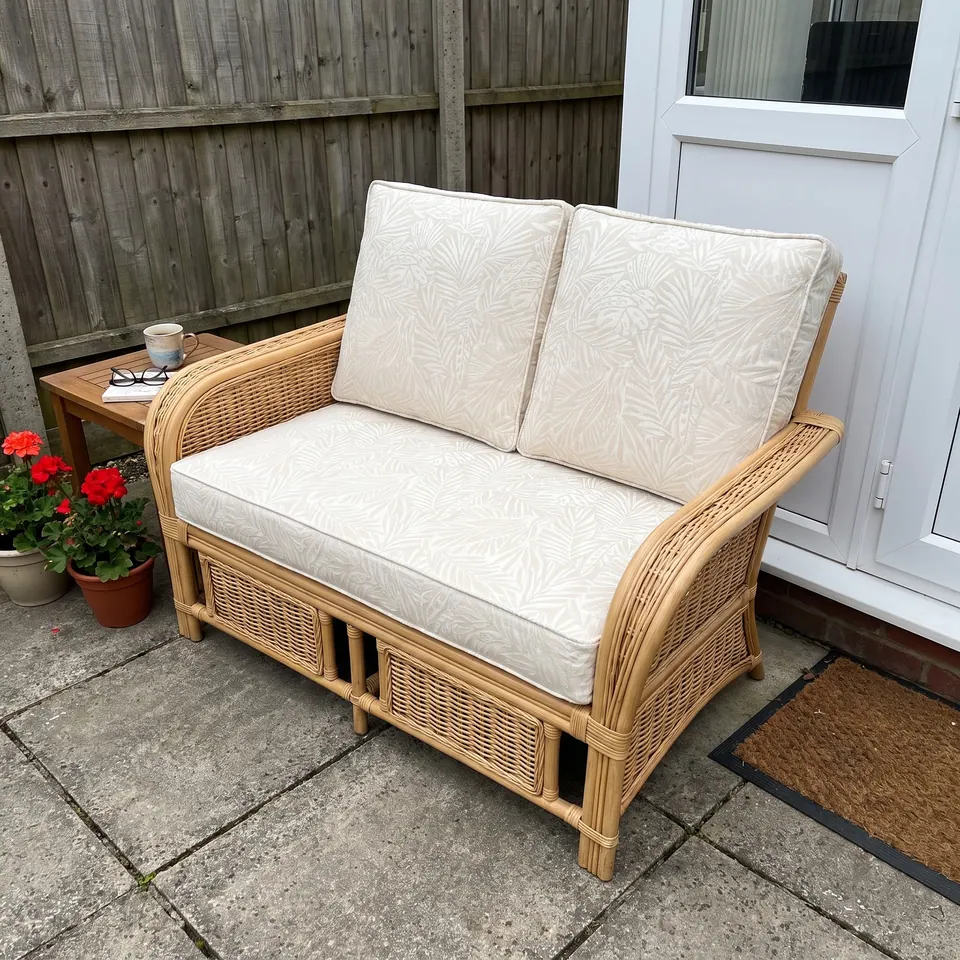 Cream tonal leaf jacquard seat and back cushions on a cane loveseat on a paved patio with red geraniums