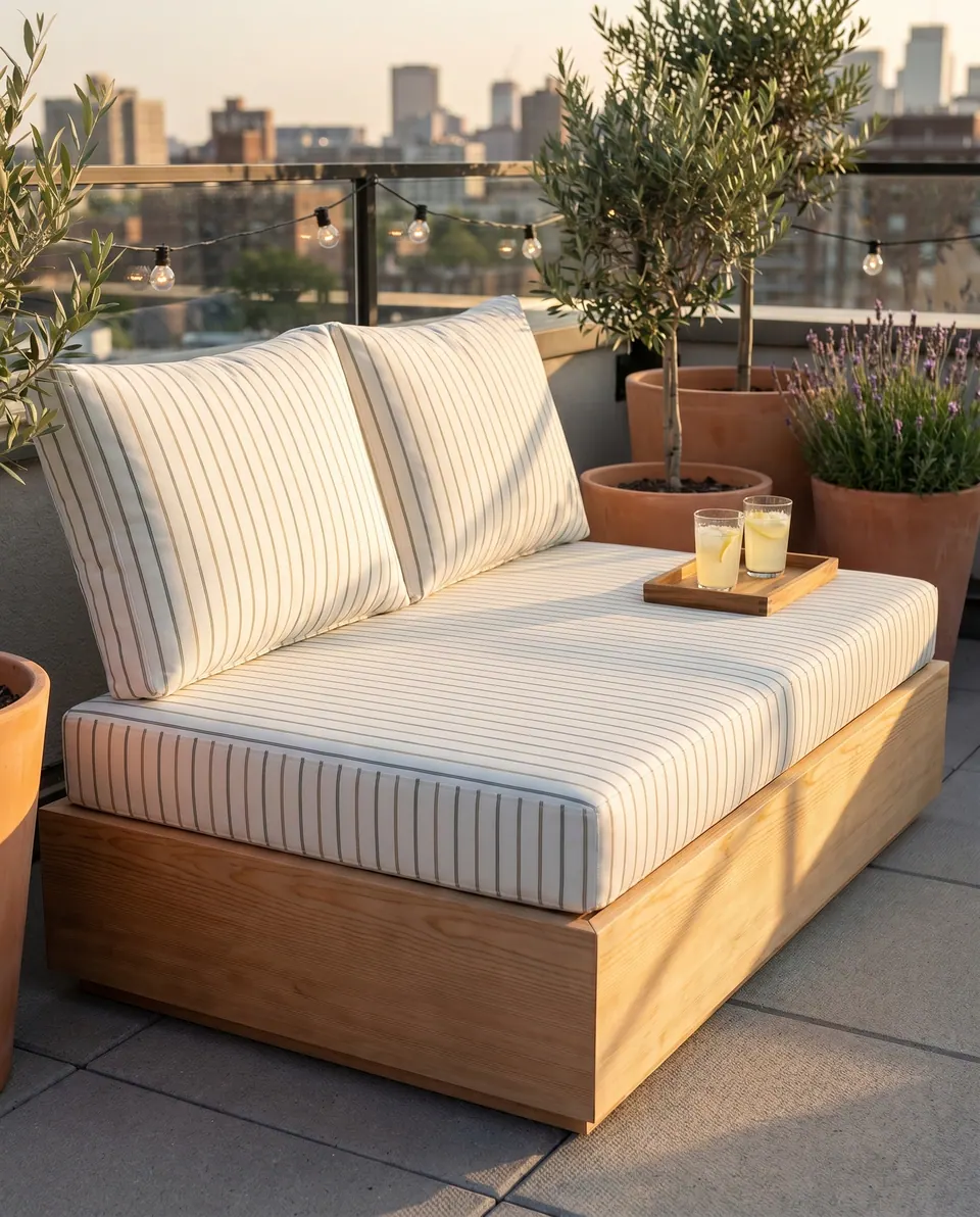 Cream and gray pinstripe outdoor seat and back cushions on a low wooden platform on a rooftop terrace at sunset
