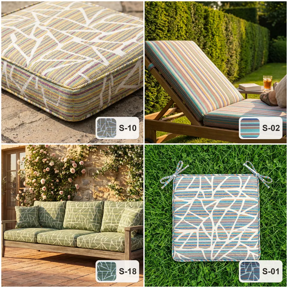 Grid: geometric cushion close-up on stone, rainbow stripe sun lounger, green leaf-print teak sofa, square pad with ties