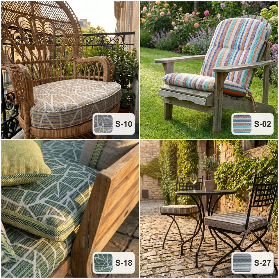 Grid: geometric peacock chair seat, rainbow stripe Adirondack set, green leaf-print sofa, gray stripe bistro pads