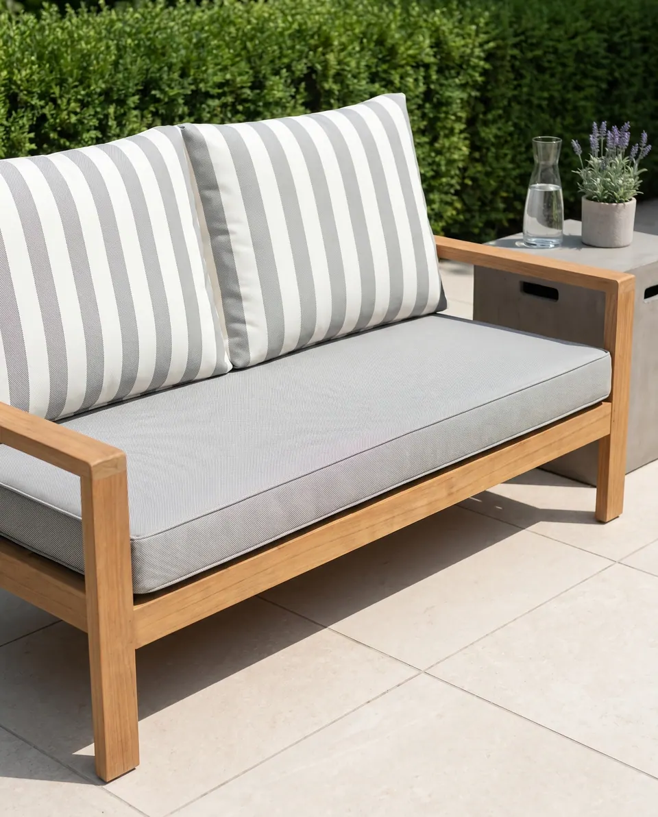 Light gray outdoor seat cushion with gray and white striped back cushions on a teak loveseat beside a concrete side table