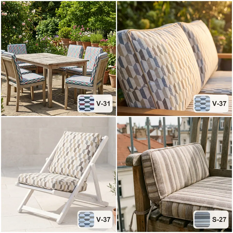 Harlequin print outdoor cushions on teak dining chairs and a white deck chair, plus a herringbone stripe bench cushion