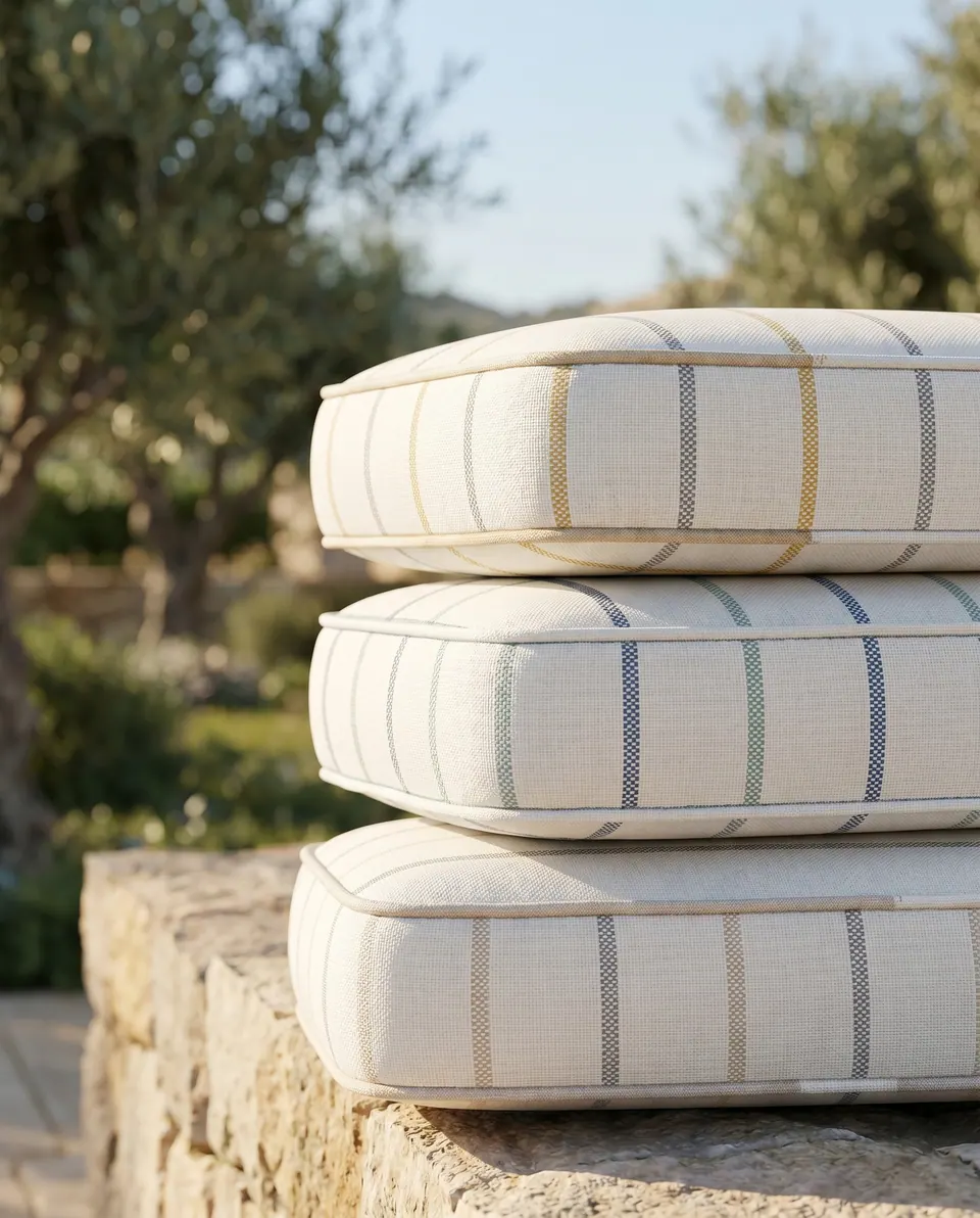 Three ivory box cushions with mustard, navy and taupe stripes stacked on a rough stone wall beneath olive trees