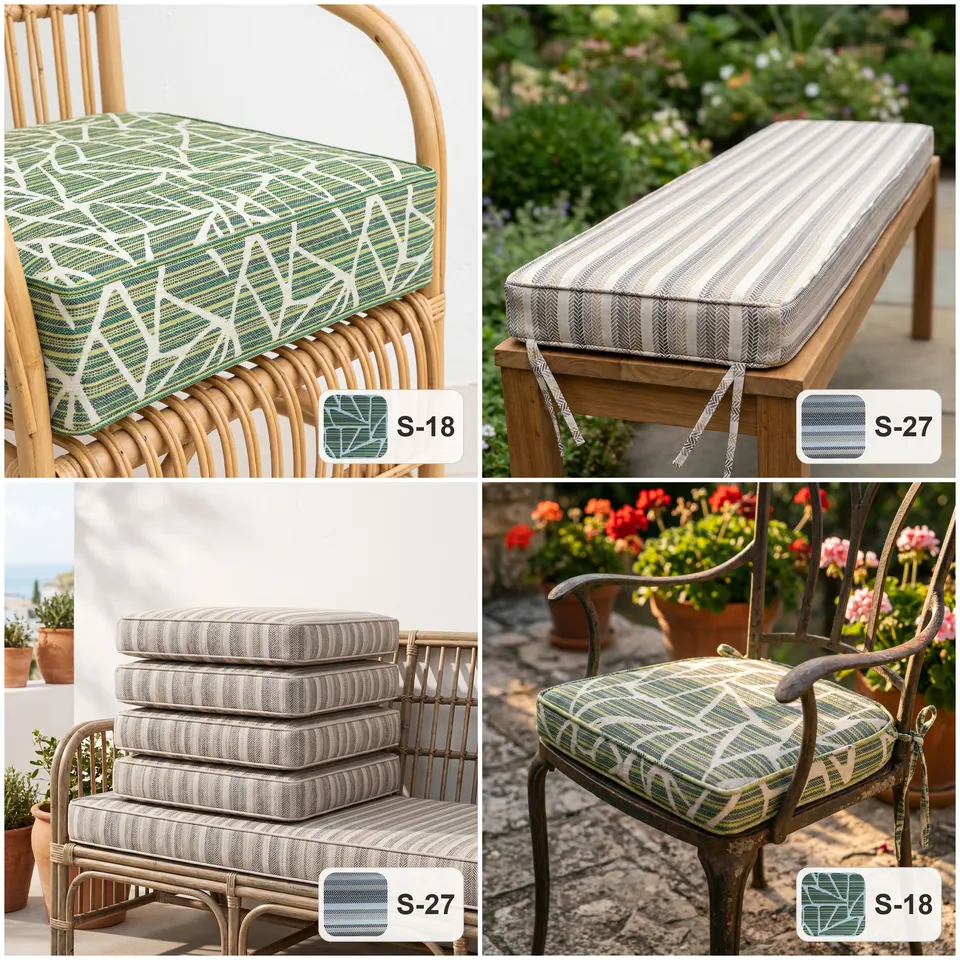 Grid: leaf-print seat on a bamboo chair, gray stripe bench cushion with ties, stacked stripe cushions, iron armchair