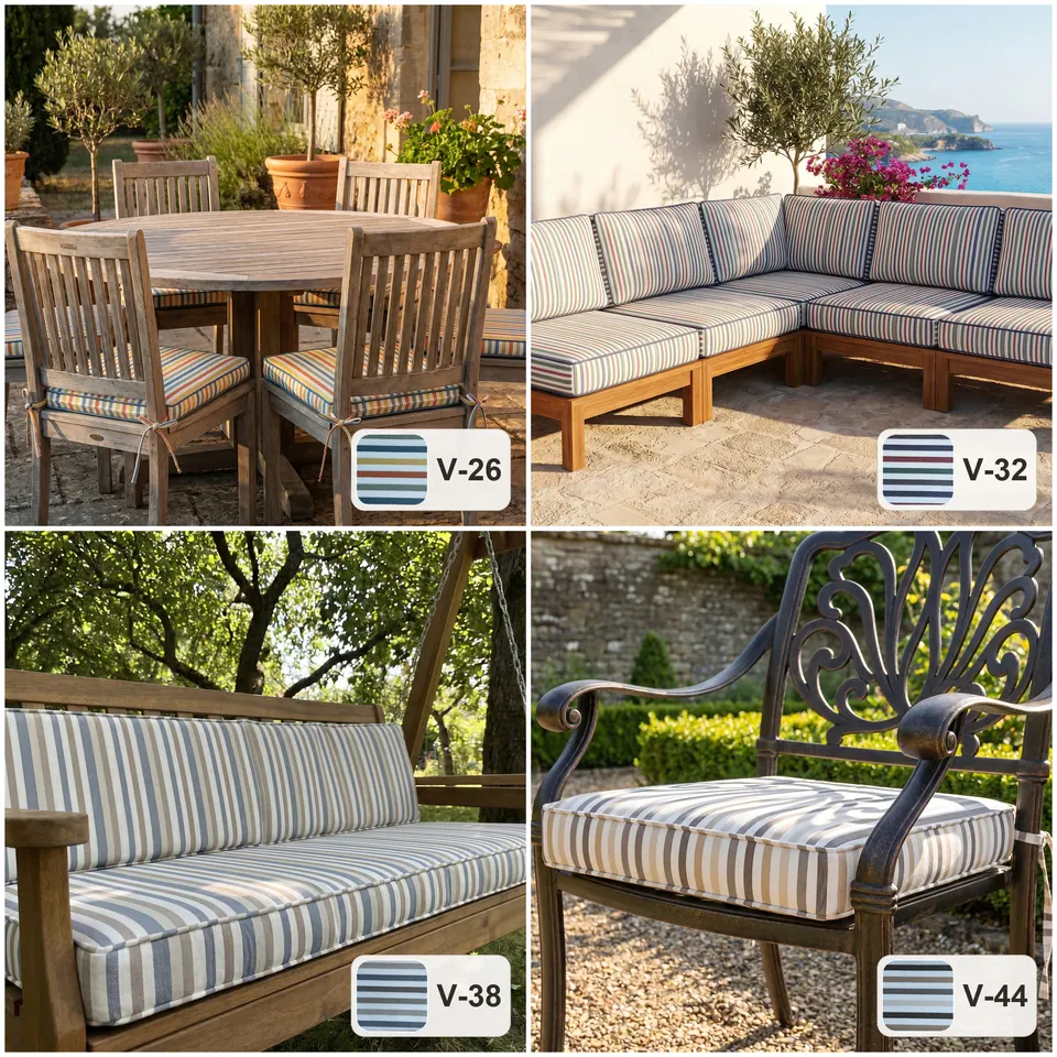 Grid of striped outdoor cushions: tied teak dining chair pads, a sea-view corner sofa, a garden swing and an iron chair pad