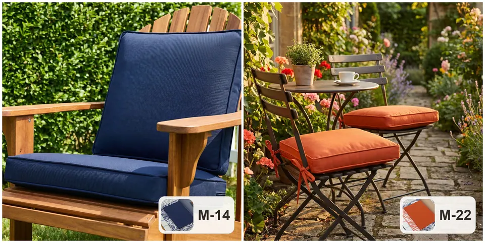 Navy blue seat and back cushion on a teak Adirondack chair beside burnt orange tie-on pads on black bistro chairs