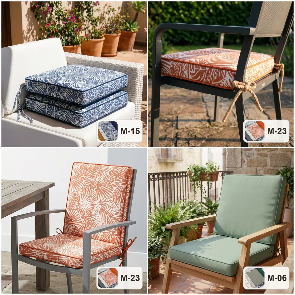 Four patio chairs dressed in navy leaf, orange palm print and sage green outdoor cushions, some tied on with rope
