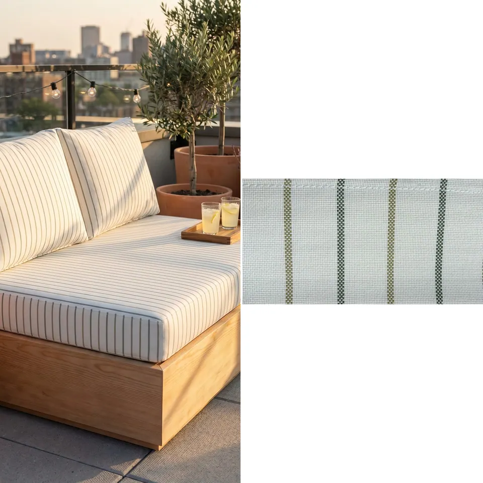 Ivory cushions with olive and khaki pinstripes on a low pine platform lounger on a city rooftop with potted olive trees