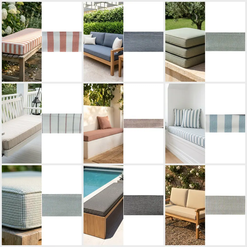 Grid of nine outdoor cushions: porch swing, pergola bench, window seat, poolside bench and garden loveseat, fabric strips