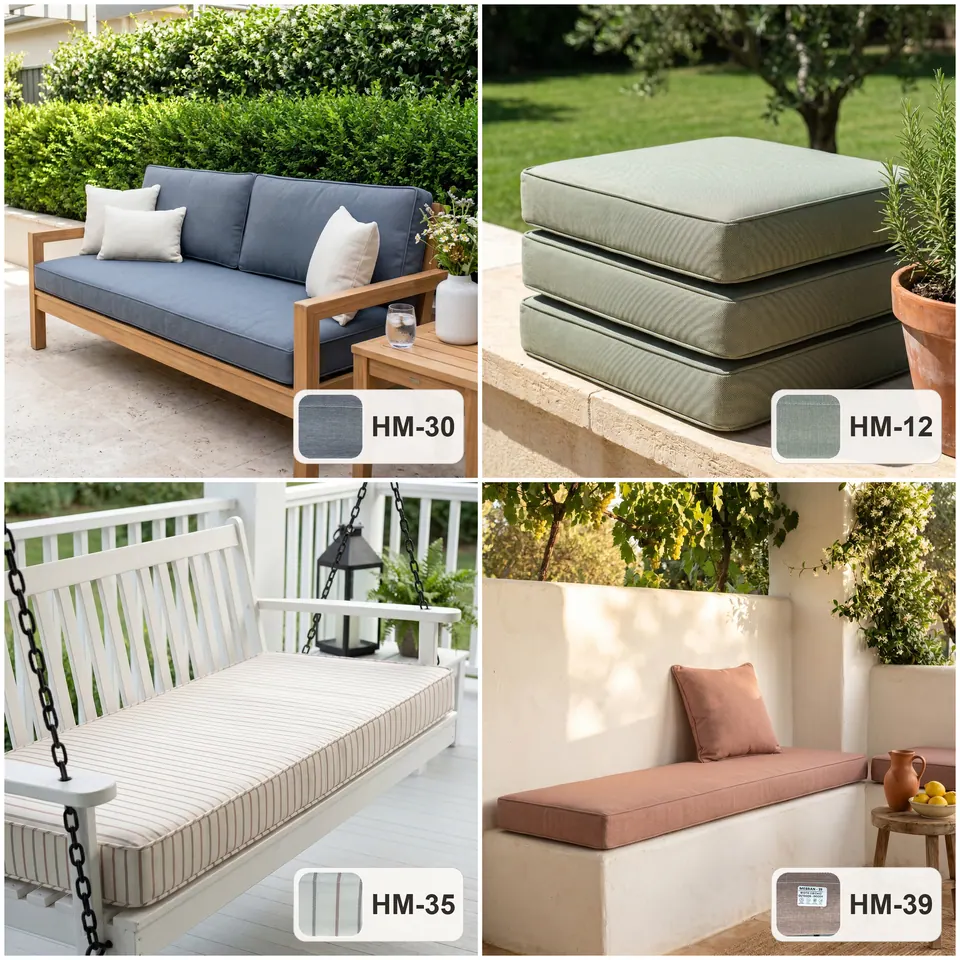Grid of outdoor cushions: slate teak sofa seat, stacked sage box cushions, pinstripe porch swing and clay courtyard bench