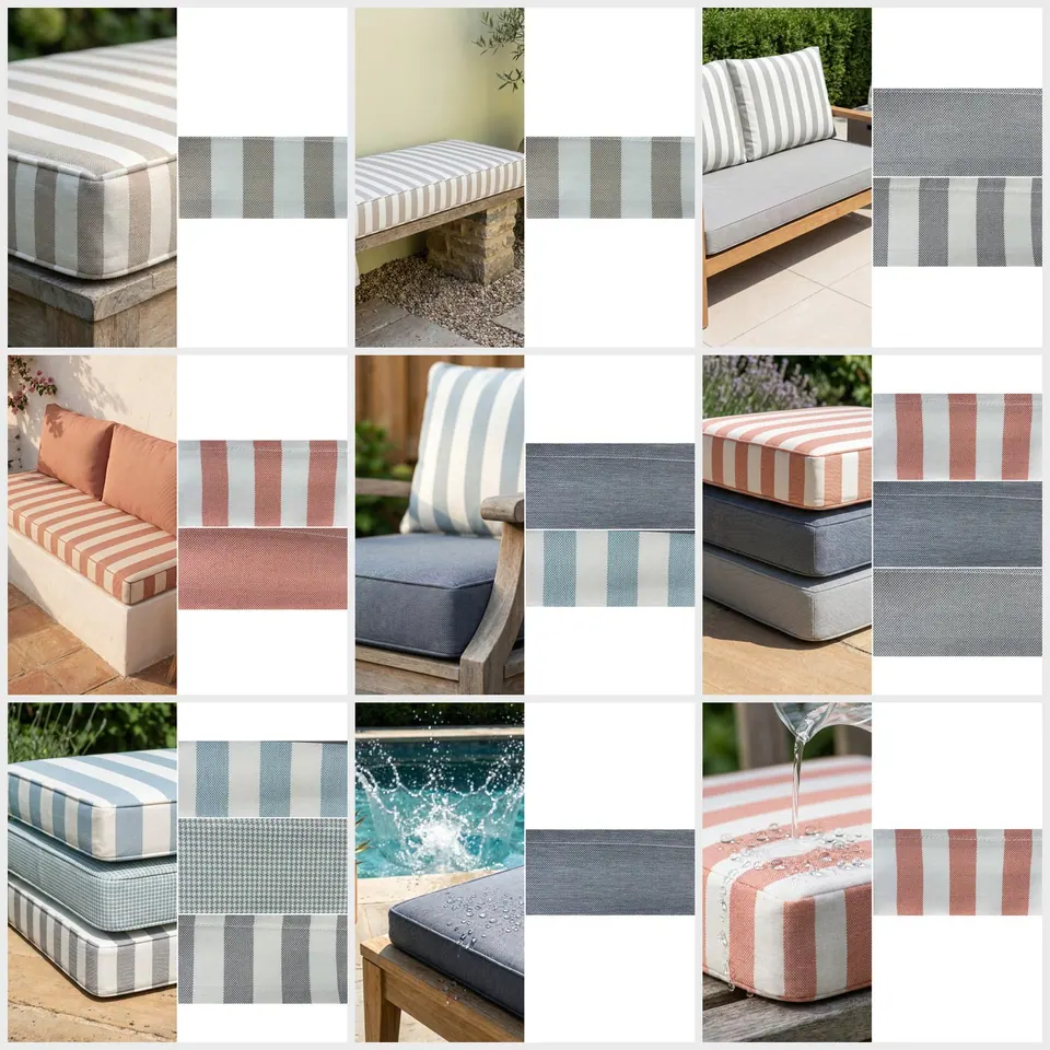 Grid of nine outdoor cushion tiles: taupe stripe benches, coral terrace bench, stacked cushions and water-repellency tests