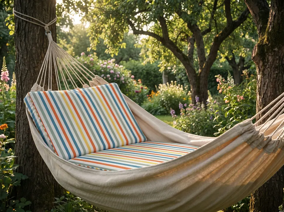Hammock pad with blue, orange, yellow and green stripes and a raised back section in a cream canvas hammock in a garden