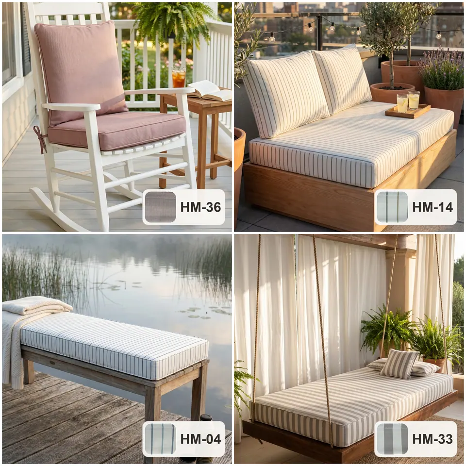 Dusty rose rocking chair cushions, pinstripe rooftop daybed, lakeside dock bench and hanging swing bed