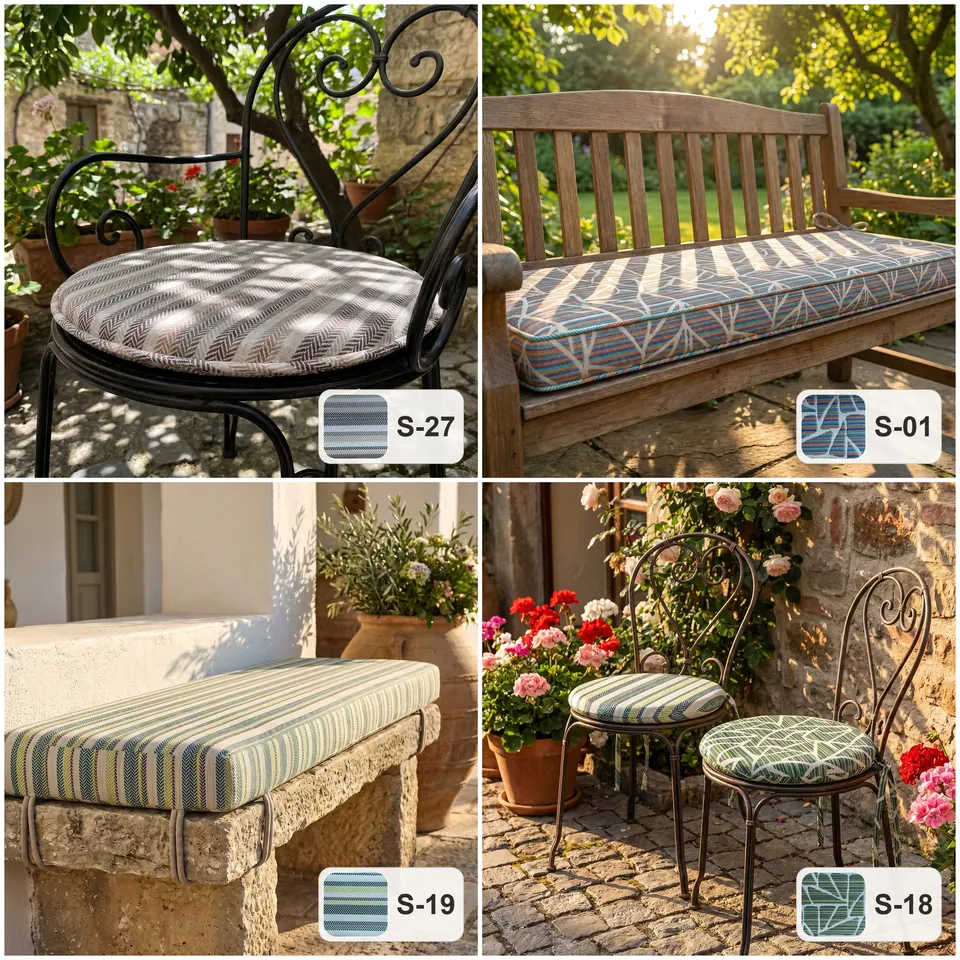 Grid: round stripe pad on an iron chair, patterned teak bench cushion, green stripe stone bench pad and two bistro seats