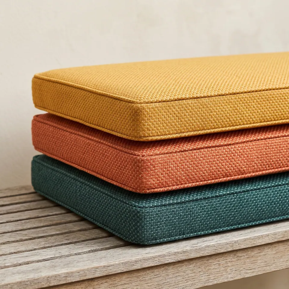 Stack of three basketweave outdoor box cushions in saffron, terracotta and deep teal on a weathered gray teak bench