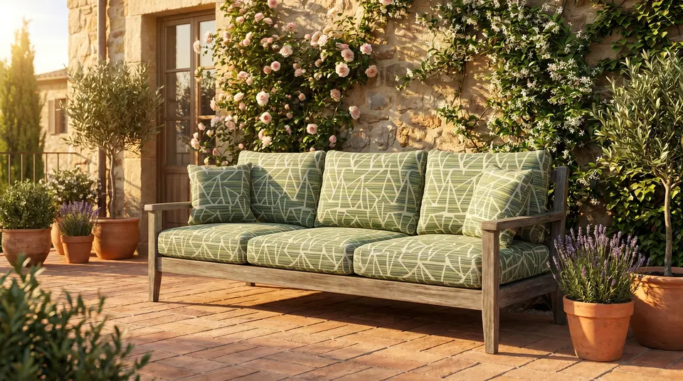 Weathered teak outdoor sofa with sage green seat, back and scatter cushions in a white line pattern on a sunset brick terrace