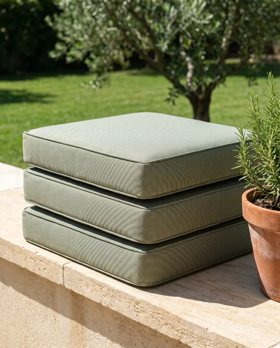 Three sage green water-repellent outdoor seat cushions stacked on a limestone wall beside rosemary and an olive tree