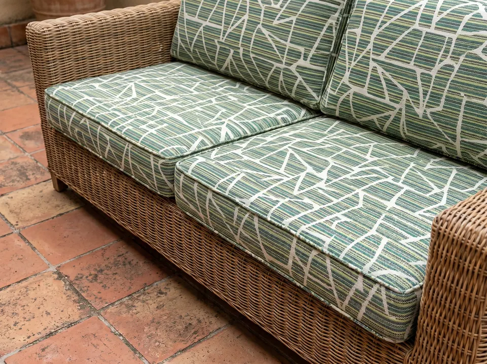 Sage and forest green box cushions with white leaf-line pattern on a natural rattan sofa over terracotta floor tiles