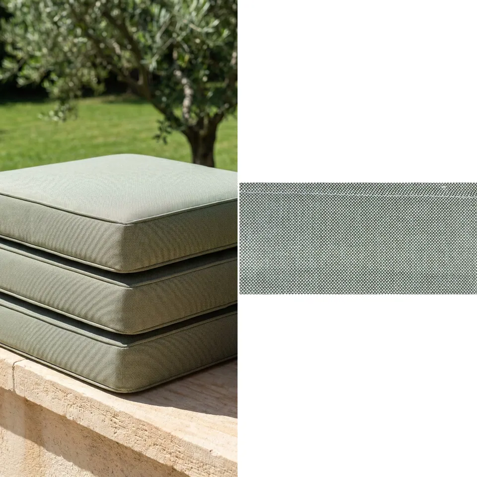Split image of stacked sage green outdoor cushions on a limestone wall beside a flat swatch of the sage woven fabric