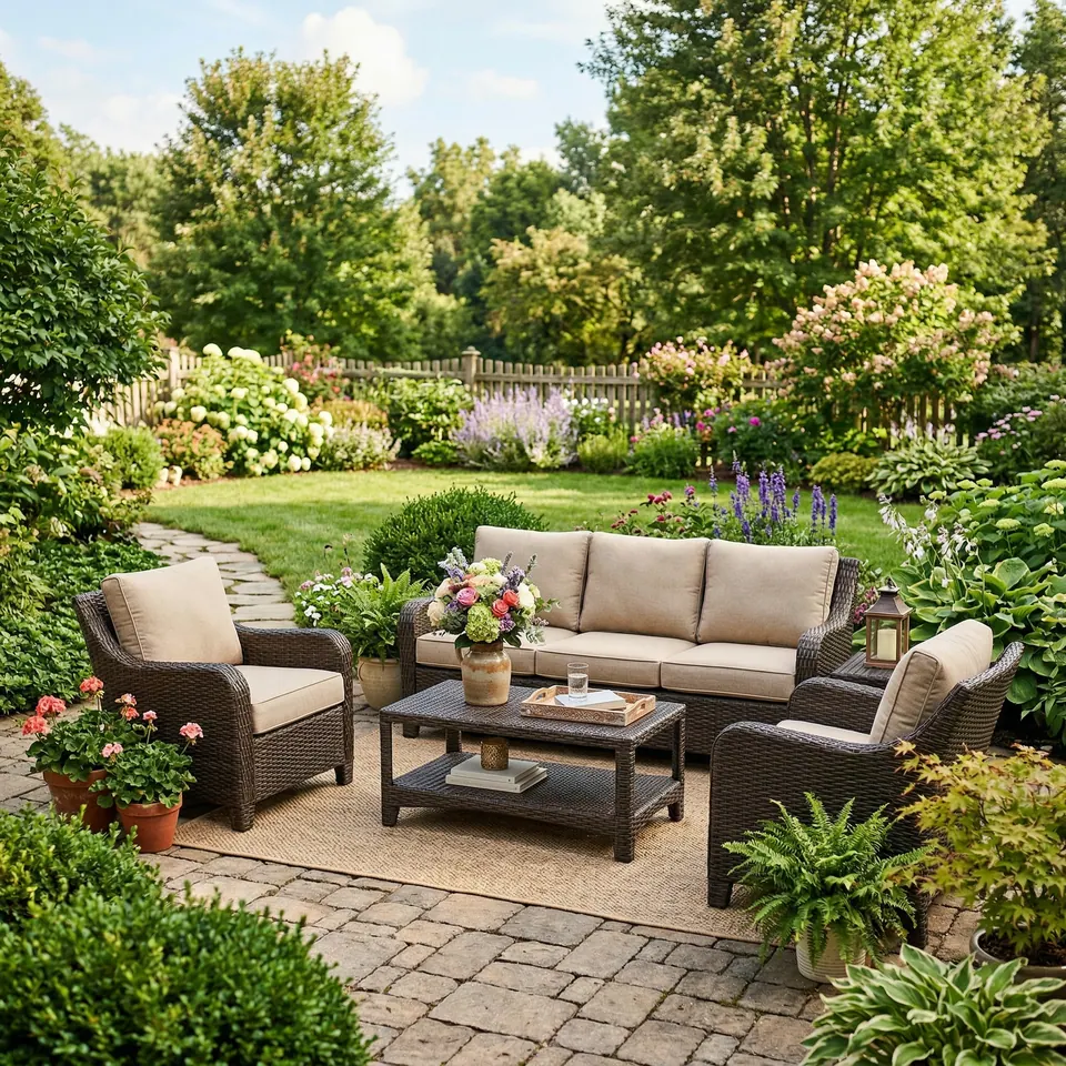 Sand beige seat and back cushions on a dark wicker sofa and two armchairs on a brick garden terrace with jute rug