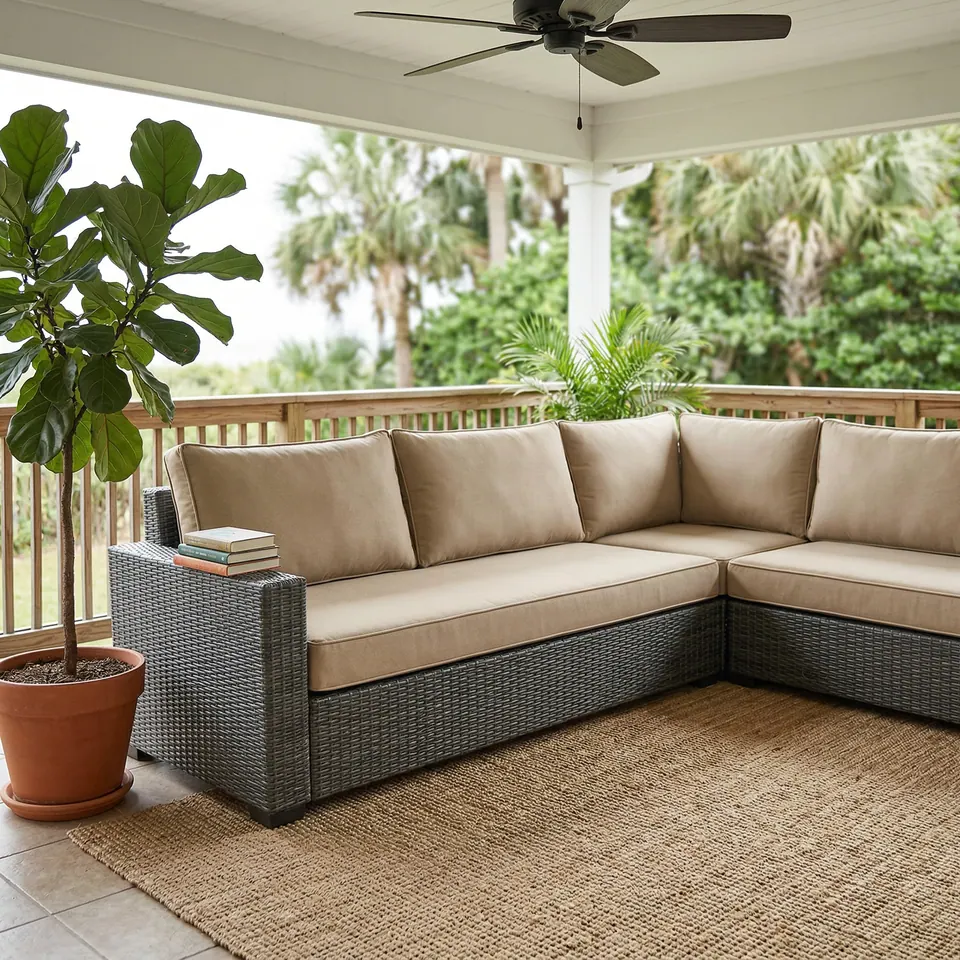 Sand beige box cushions on a gray wicker corner sectional on a covered lanai with ceiling fan, jute rug and palms