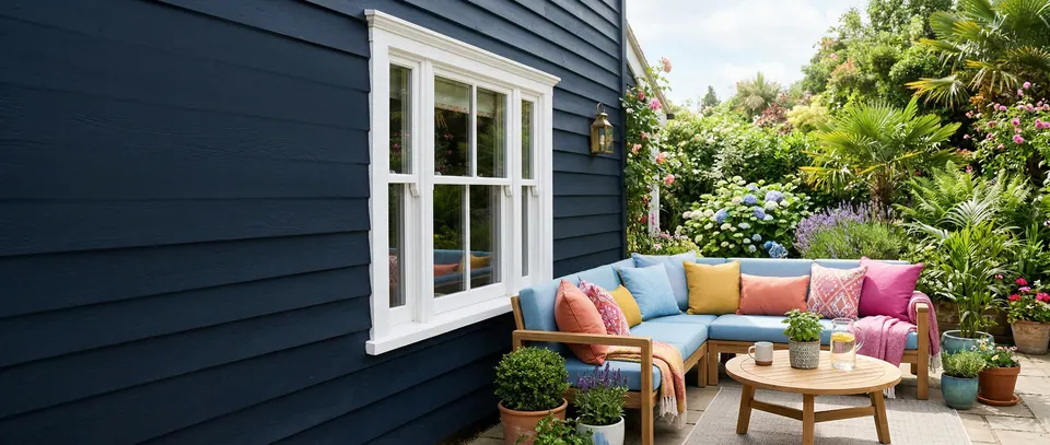 Sky blue cushions on an L-shaped teak patio sofa with coral, pink and yellow pillows beside a navy clapboard wall