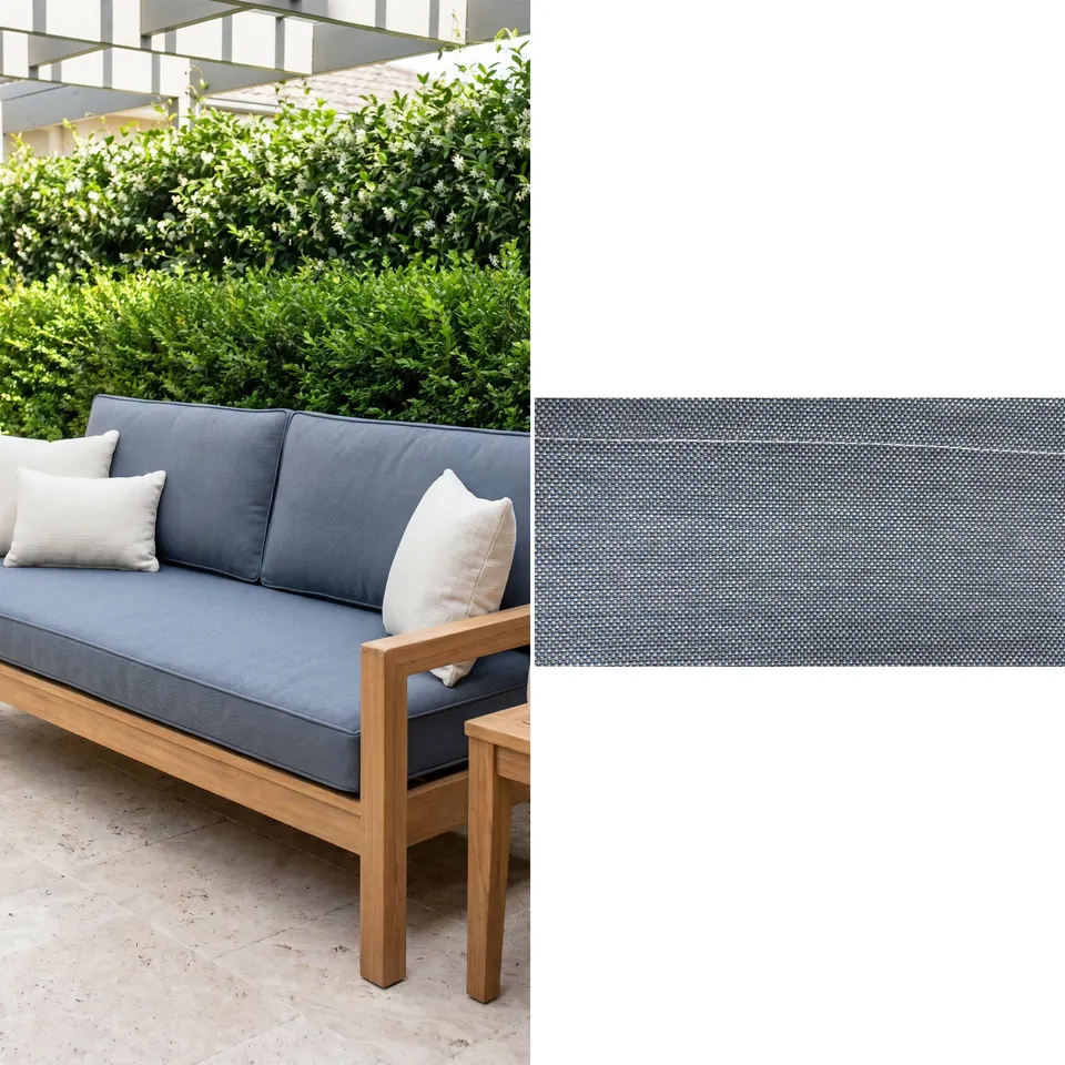 Split image of slate blue outdoor cushions on a teak patio sofa beside a flat swatch of the slate blue woven fabric