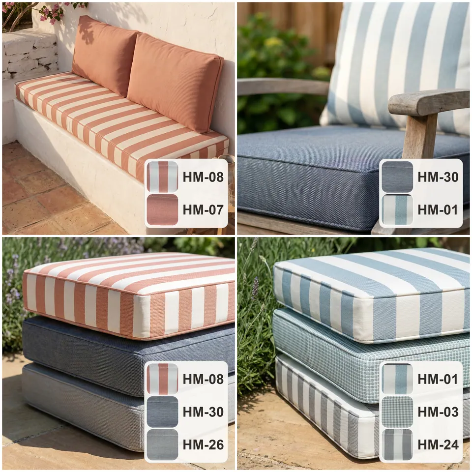 Grid pairing cushions: terracotta stripe seat with clay backs, slate seat with blue stripe back, two mixed stacks