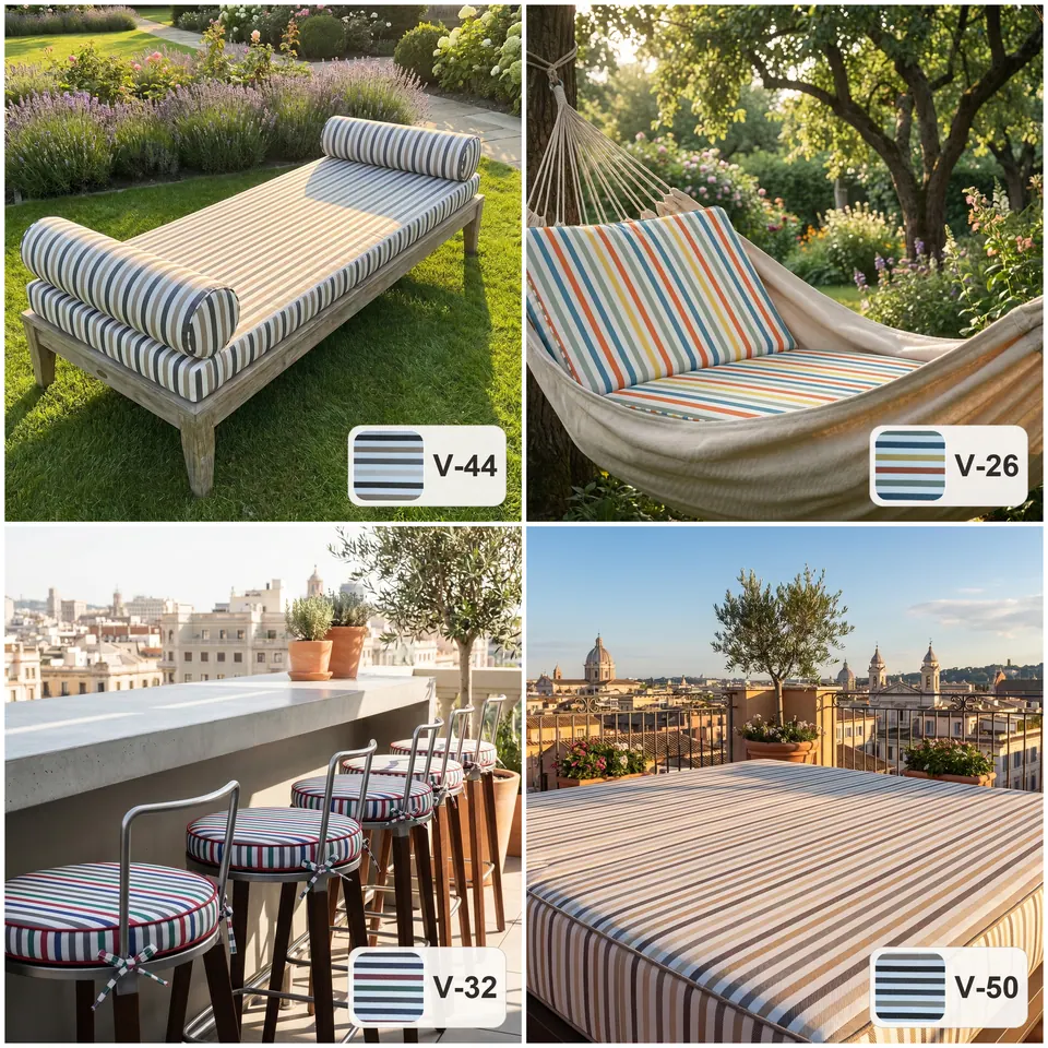 Grid: striped garden daybed with two bolsters, rainbow stripe hammock cushion, tied bar stool pads and a rooftop daybed