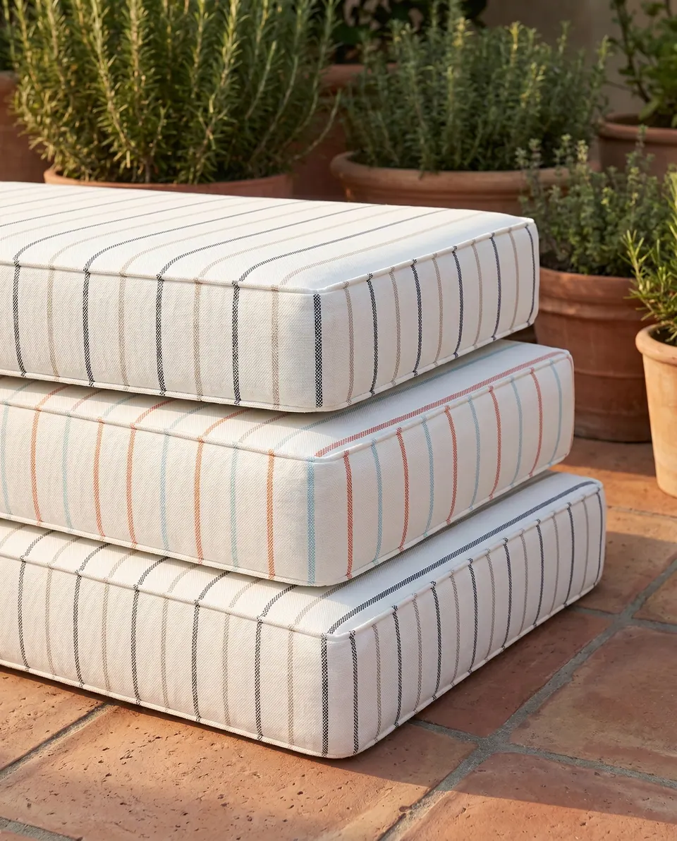 Stack of three white outdoor cushions in navy, taupe and coral stripes on terracotta tiles beside potted rosemary and thyme