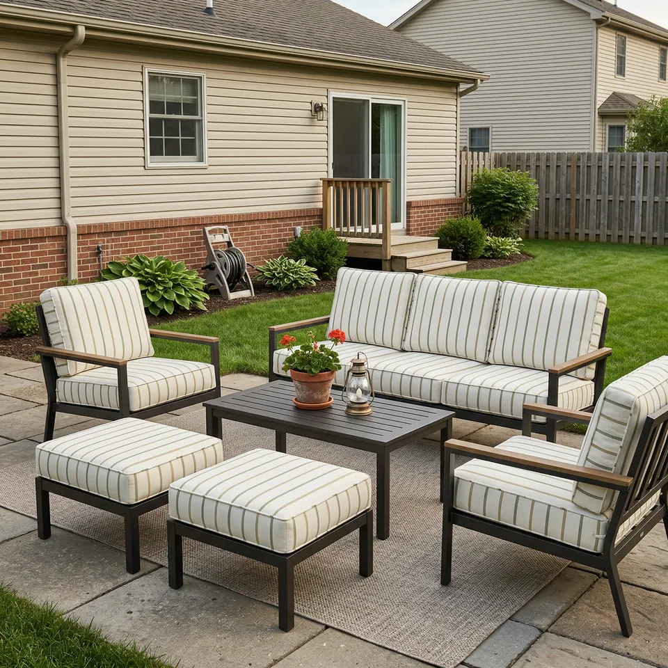 Ivory and taupe striped outdoor cushions on a black metal sofa, two armchairs and two ottomans on a backyard paver patio