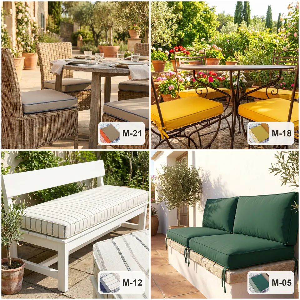 Taupe wicker chair pads, yellow bistro seat pads, a pinstripe bench cushion and a green seat-and-back set outdoors
