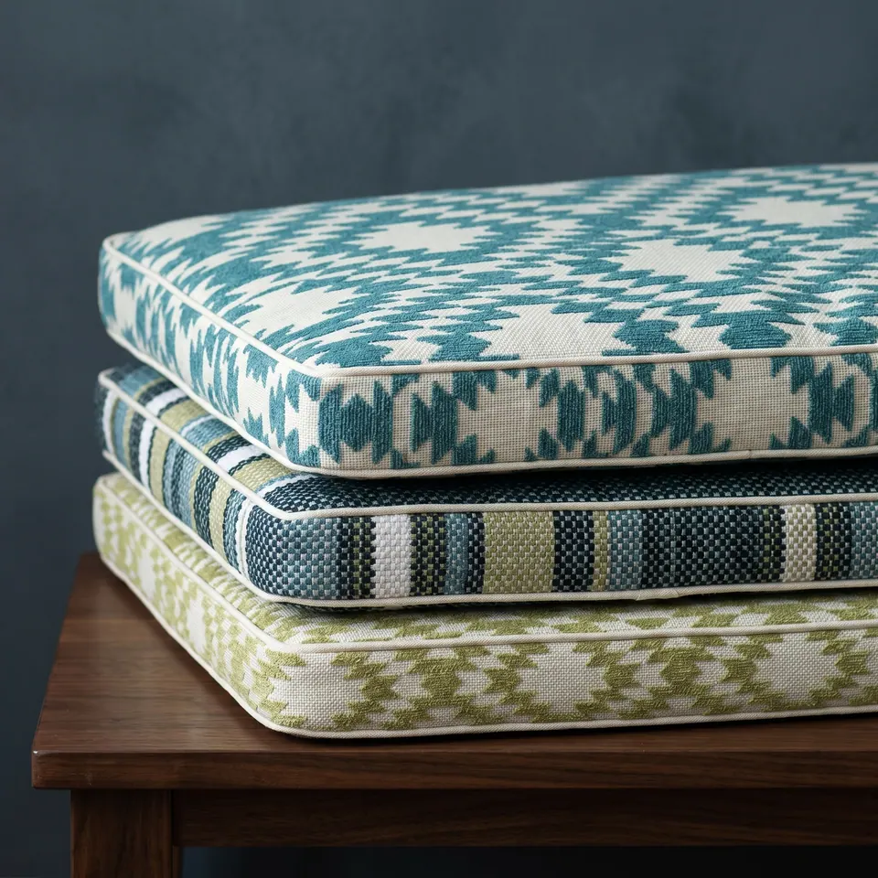 Three stacked outdoor box cushions in teal kilim, blue-green stripe and lime diamond weaves with ivory piping on dark wood