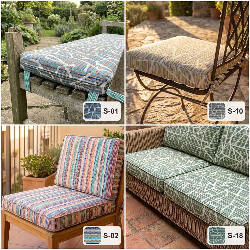 Grid: bench pad with teal ties, geometric seat on iron chair, rainbow stripe lounge chair set, leaf-print wicker sofa