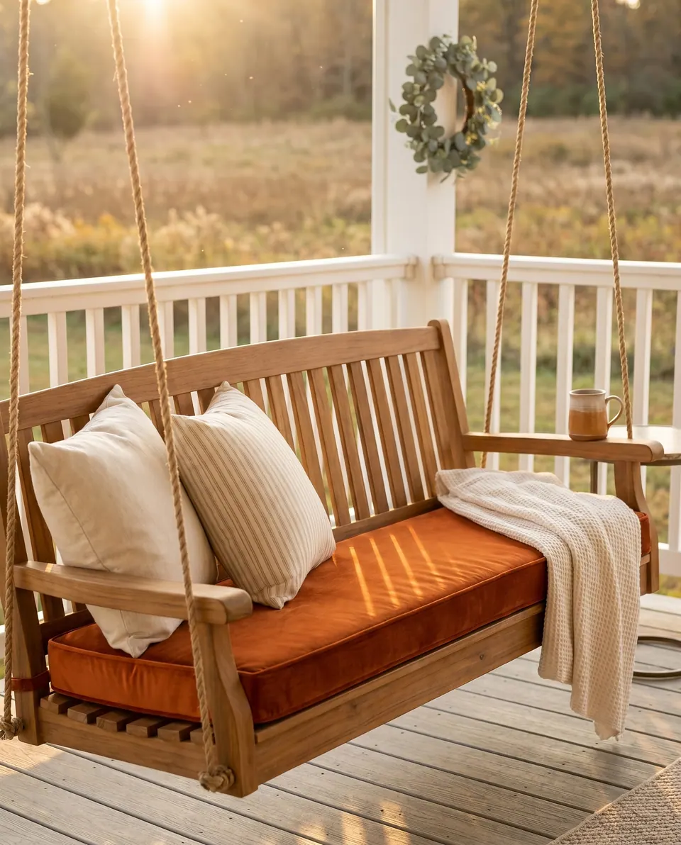 Burnt orange velvet cushion on a teak porch swing hung from ropes, with cream and ticking-stripe pillows and a knit throw