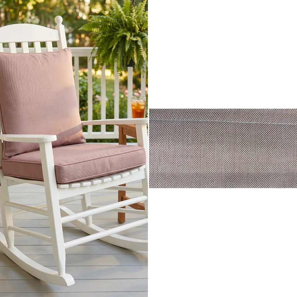 Dusty mauve seat and back cushions with self piping on a white wooden rocking chair on a porch, fern and iced tea behind