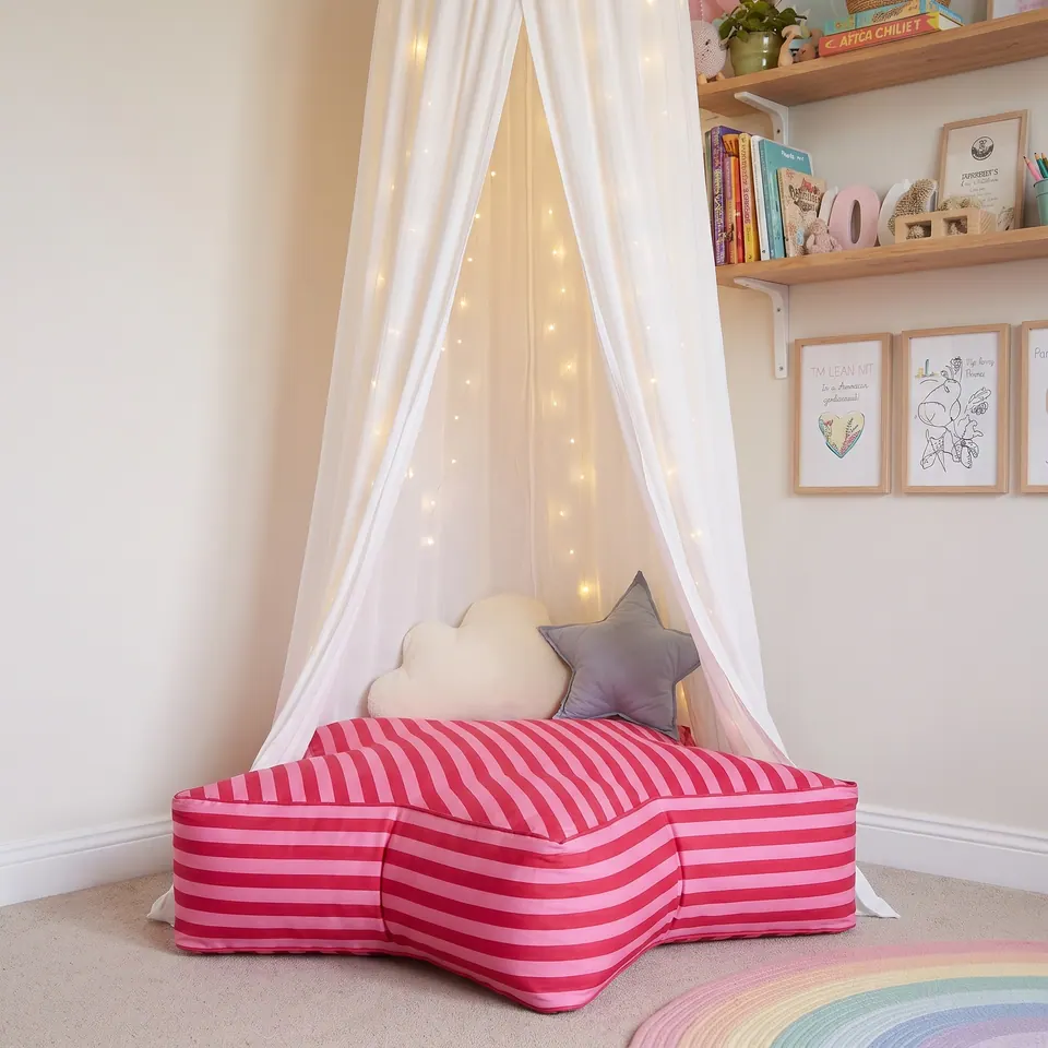 Front view of a pink and raspberry striped star pouf showing its deep box wall, cloud and star pillows under a lit canopy